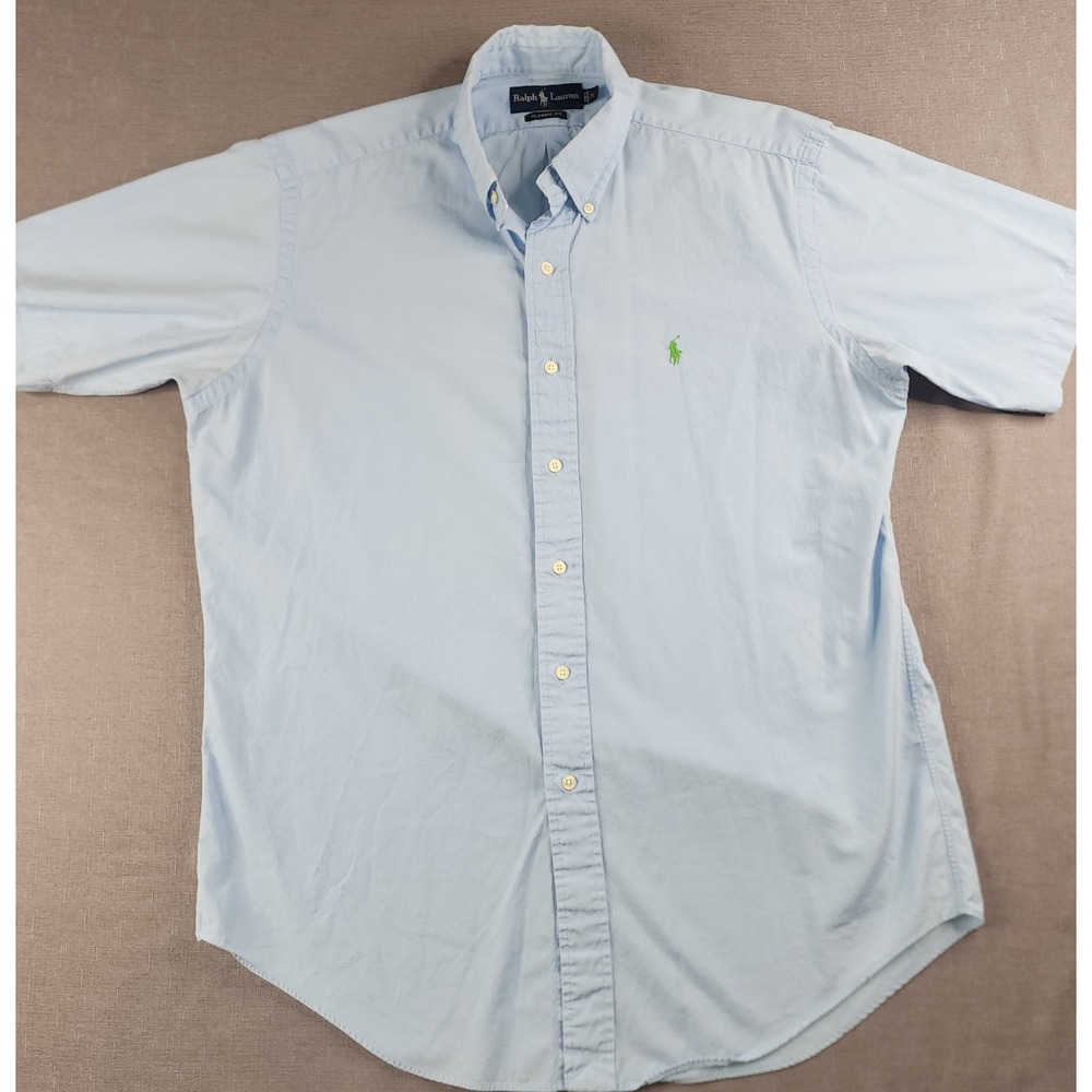 Ralph Lauren Mens Classic Fit Short Sleeve Button Down Shirt Blue Green Pony M